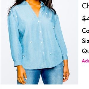 ELOQUII brand chambray top with pearl embellishments
